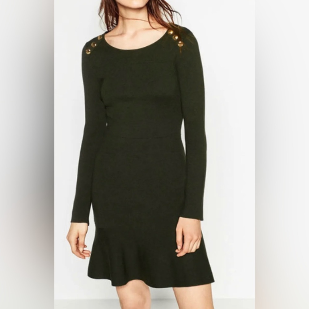 Zara knit dress in military green with gold button accent